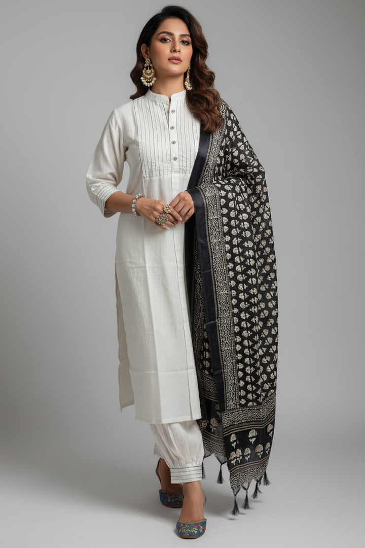 White With Fun Khadi Cotton Kurti Set