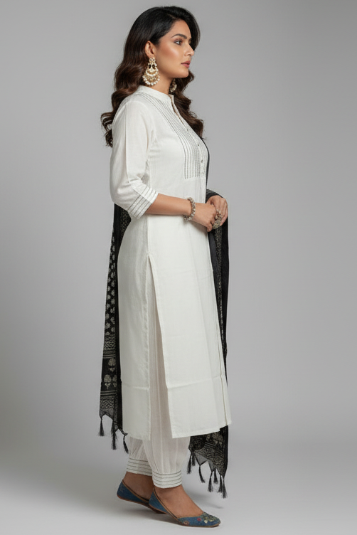 White With Fun Khadi Cotton Kurti Set