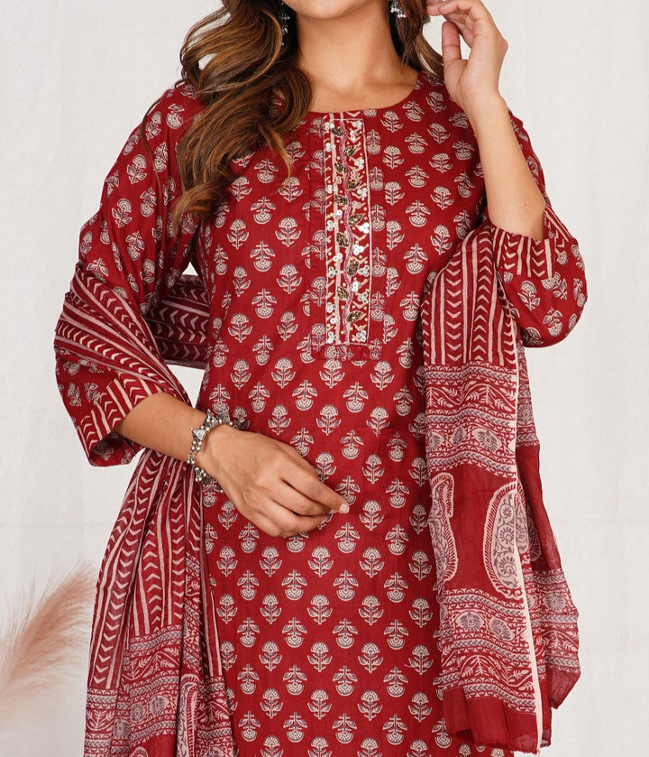 Red Canvas Cotton Kurti Set