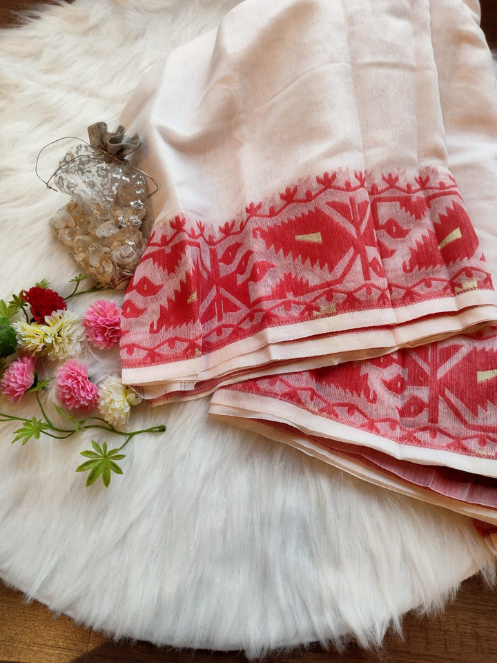 Two Shades- White & Red Dhakai Jamdani Saree