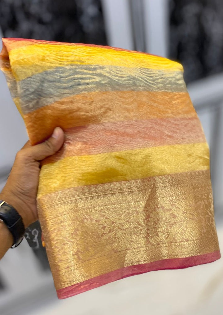 Rainbow Banarasi Crushed Tissue Soft Silk Saree