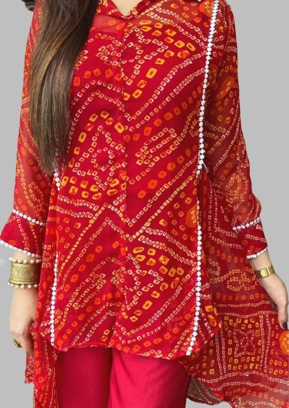 Red Bandhani Georgette Kurti Set