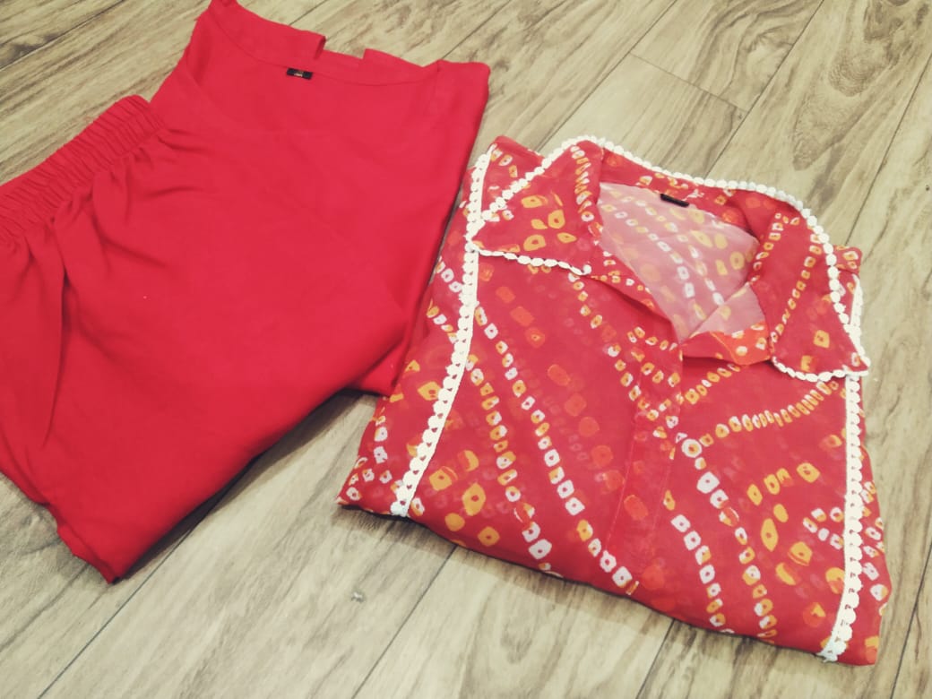 Red Bandhani Georgette Kurti Set