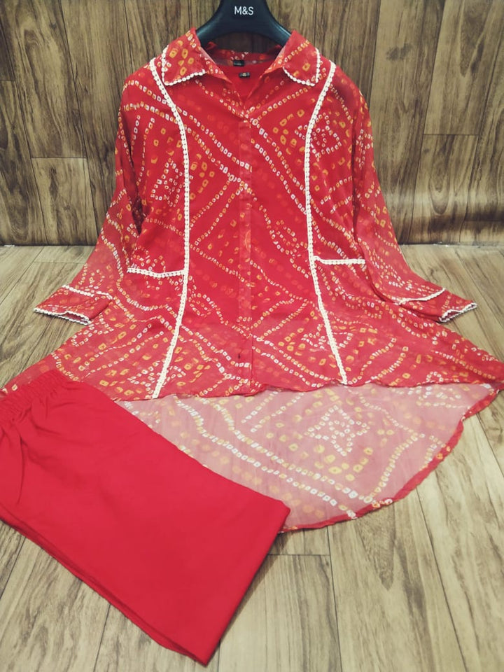 Red Bandhani Georgette Kurti Set