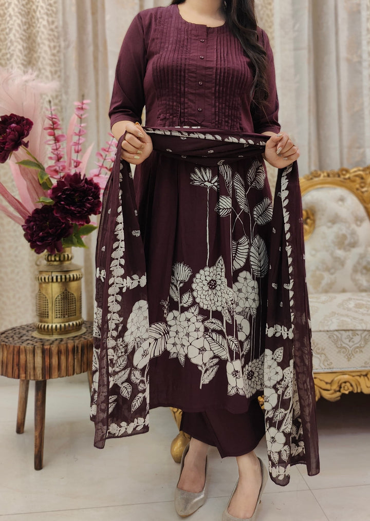 Wine Loop Cotton Kurti Set