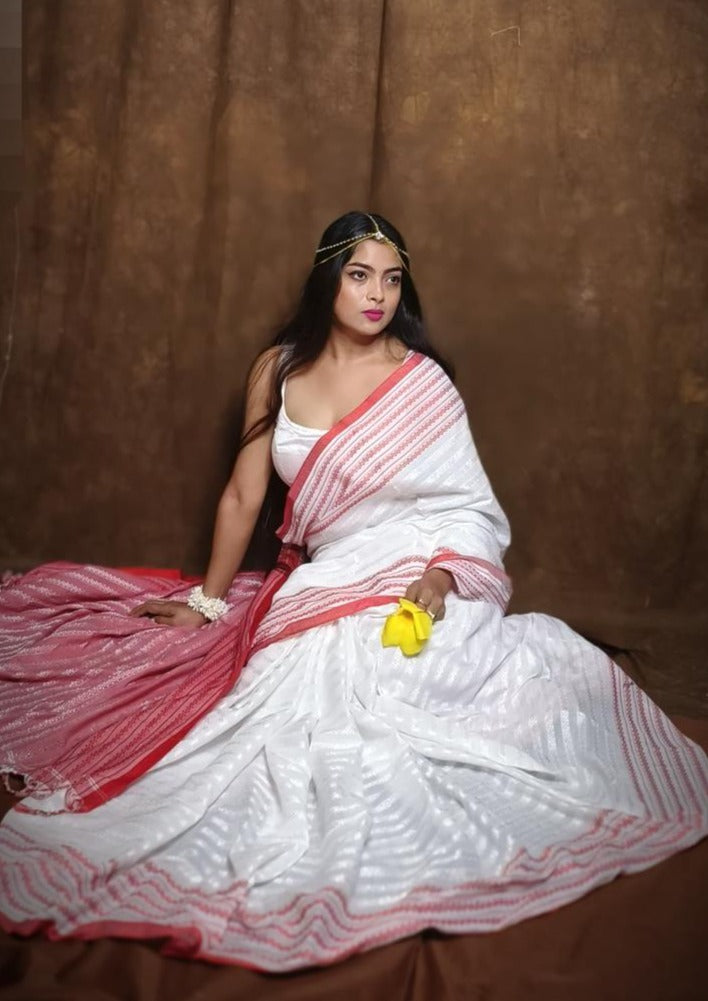 Seeking Blessing Of Ma Durga- A Bengal Cotton Saree