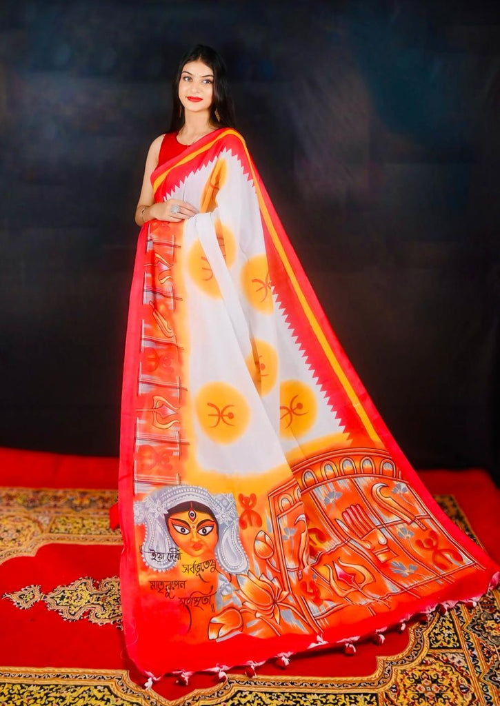 Daughter Of The Mountain-  Ma Durga Print Khadi Cotton Saree