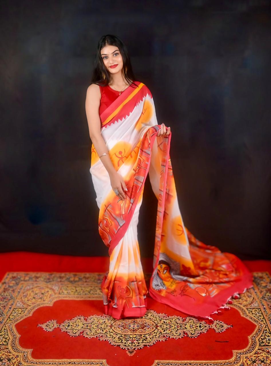 Daughter Of The Mountain-  Ma Durga Print Khadi Cotton Saree