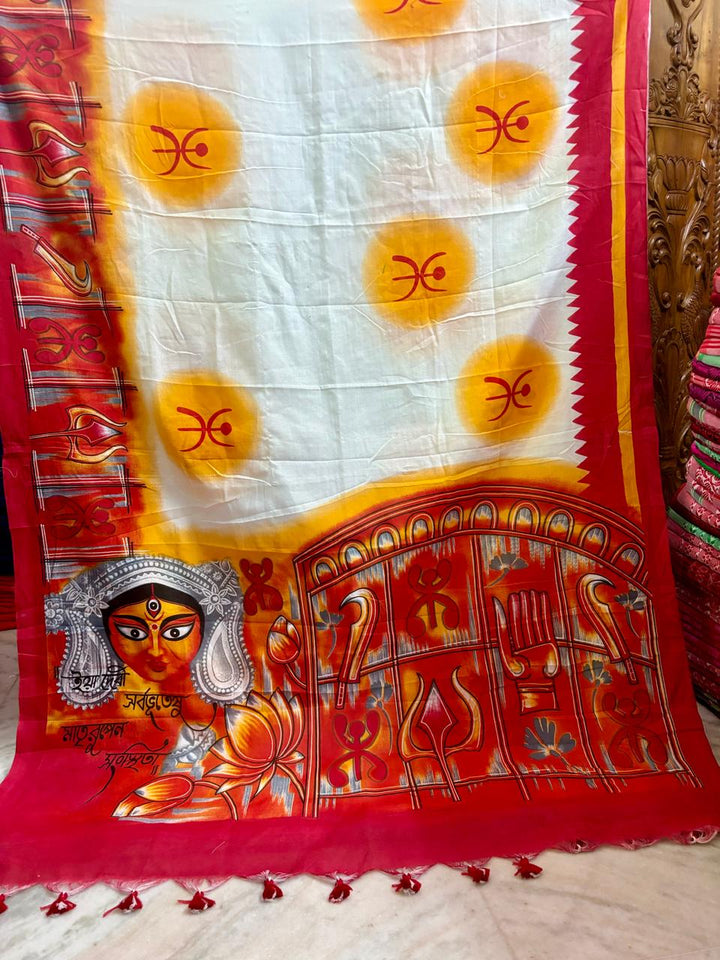 Daughter Of The Mountain-  Ma Durga Print Khadi Cotton Saree