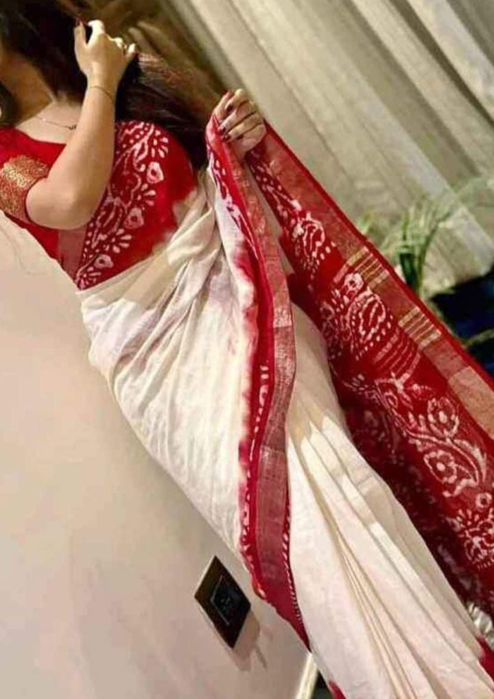 Be You - White Red Cotton Linen Batik Saree