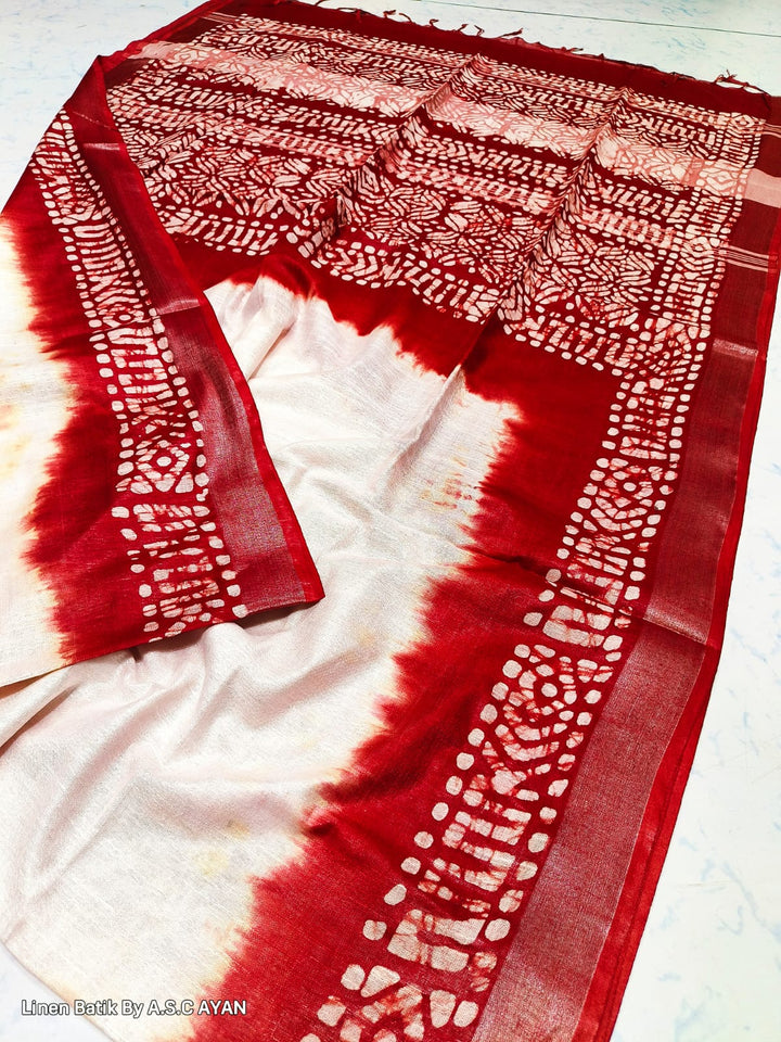 Be You - White Red Cotton Linen Batik Saree