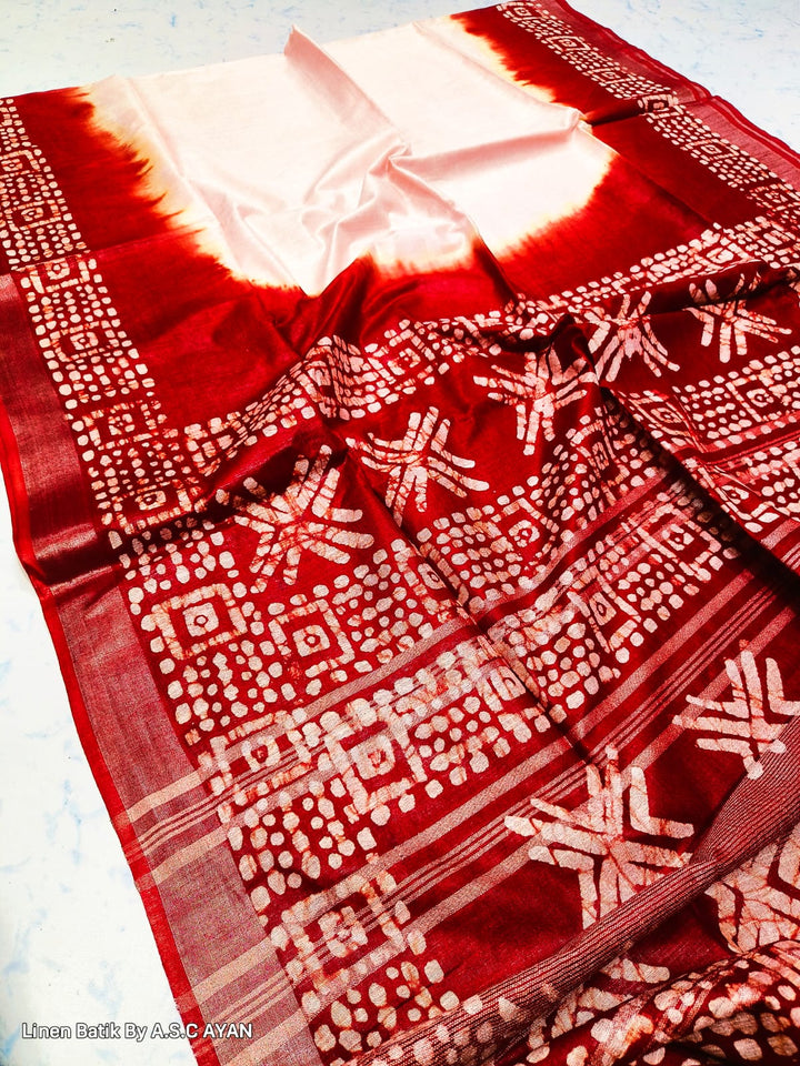 Be You - White Red Cotton Linen Batik Saree