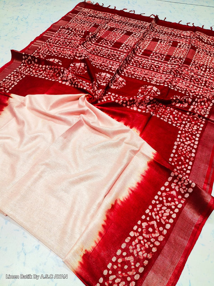 Be You - White Red Cotton Linen Batik Saree