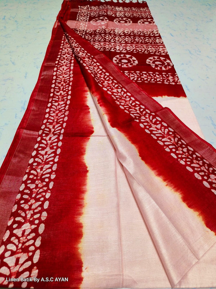 Be You - White Red Cotton Linen Batik Saree