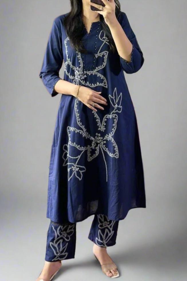 Blue Rhythm Cotton Kurti Set