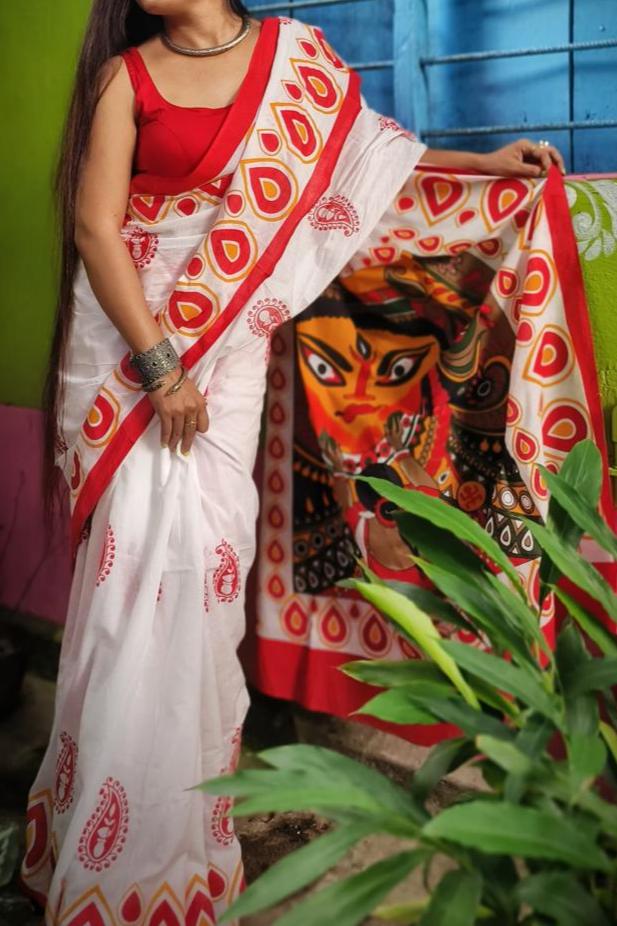 Jaya -  Ma Durga Print Khadi Cotton Saree