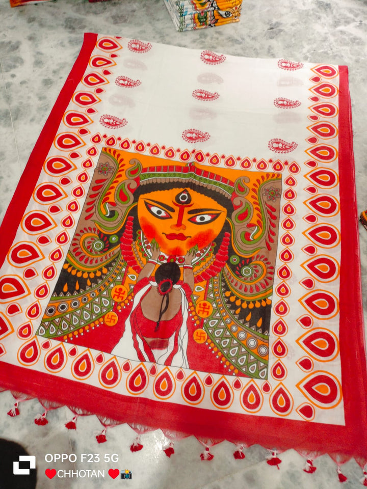 Jaya -  Ma Durga Print Khadi Cotton Saree