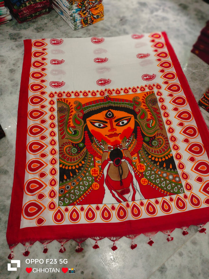 Jaya -  Ma Durga Print Khadi Cotton Saree