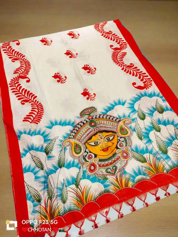 Jaya -  Ma Durga Print Khadi Cotton Saree