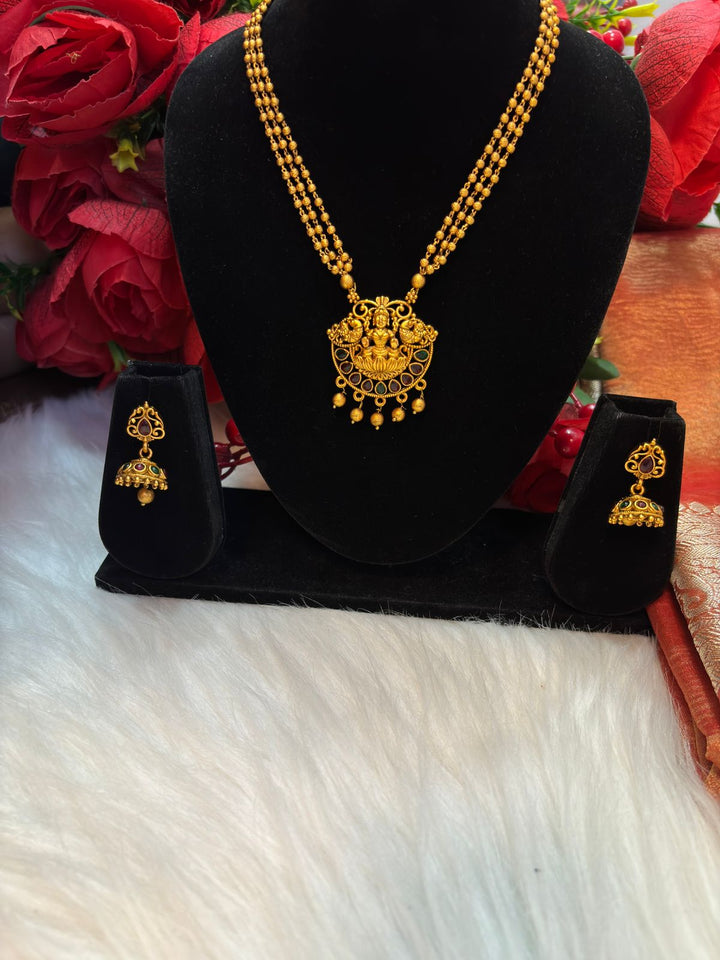 Divinity Of Ma Laxmi- (Gold Plated Temple Chain Locket Set)