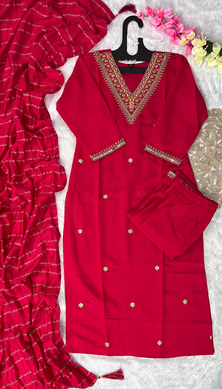 Red Coral Silk Kurti Set