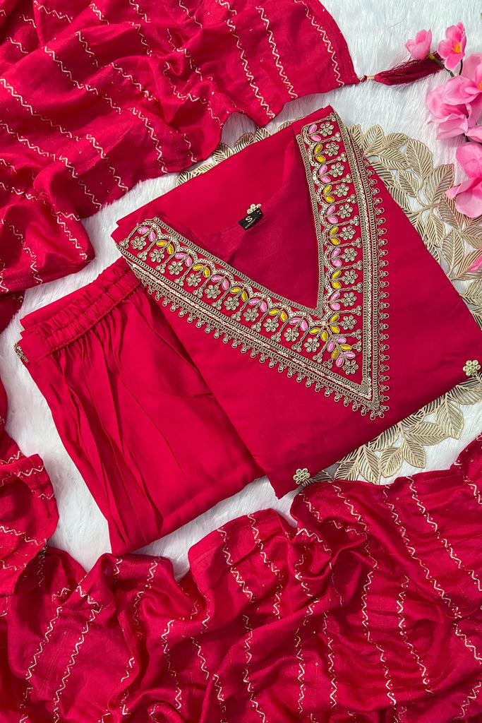 Red Coral Silk Kurti Set