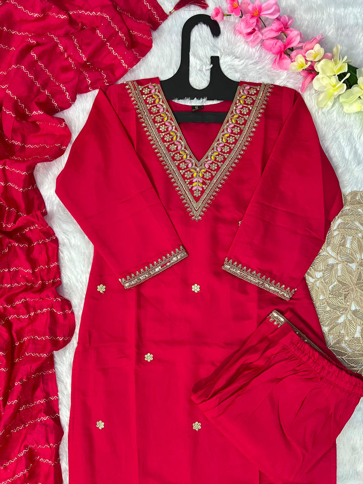 Red Coral Silk Kurti Set