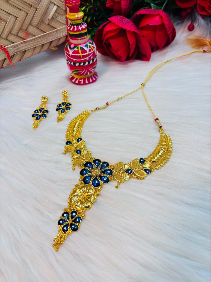 Blue floral Gold Plated Necklace Set