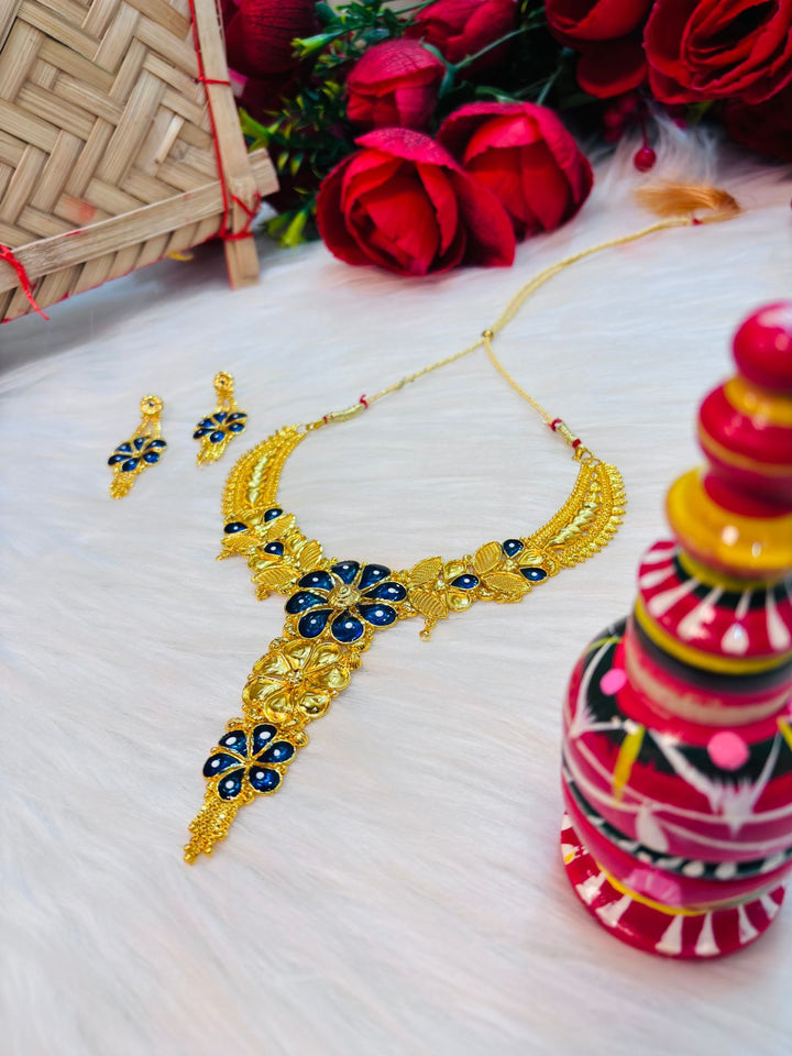 Blue floral Gold Plated Necklace Set