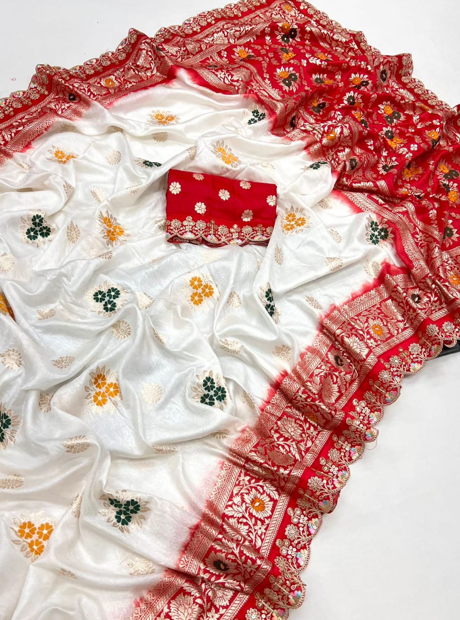 Red white Beauty Banarasi Dola Silk Saree