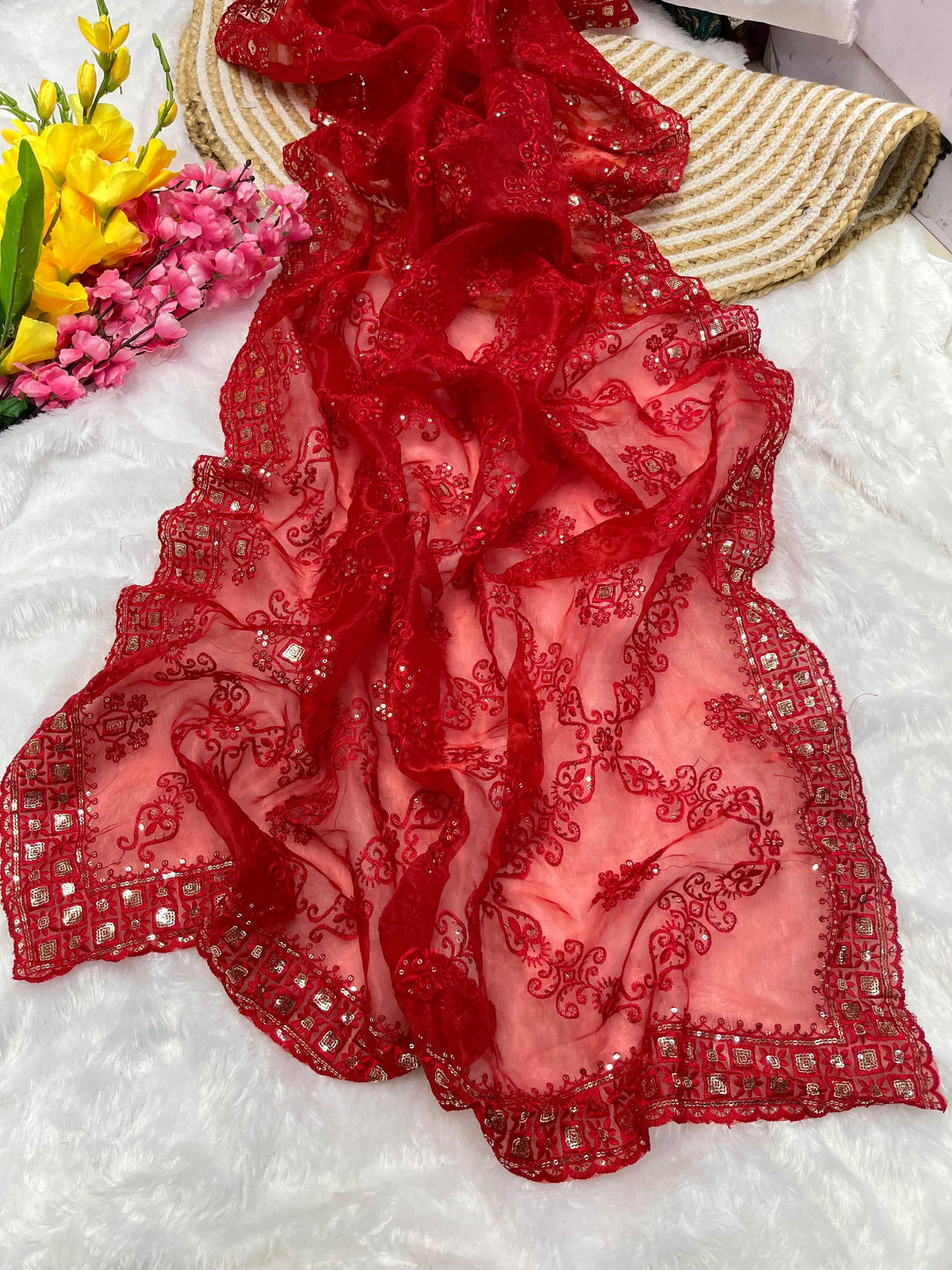 Red Bell Model Inspired Organza Saree