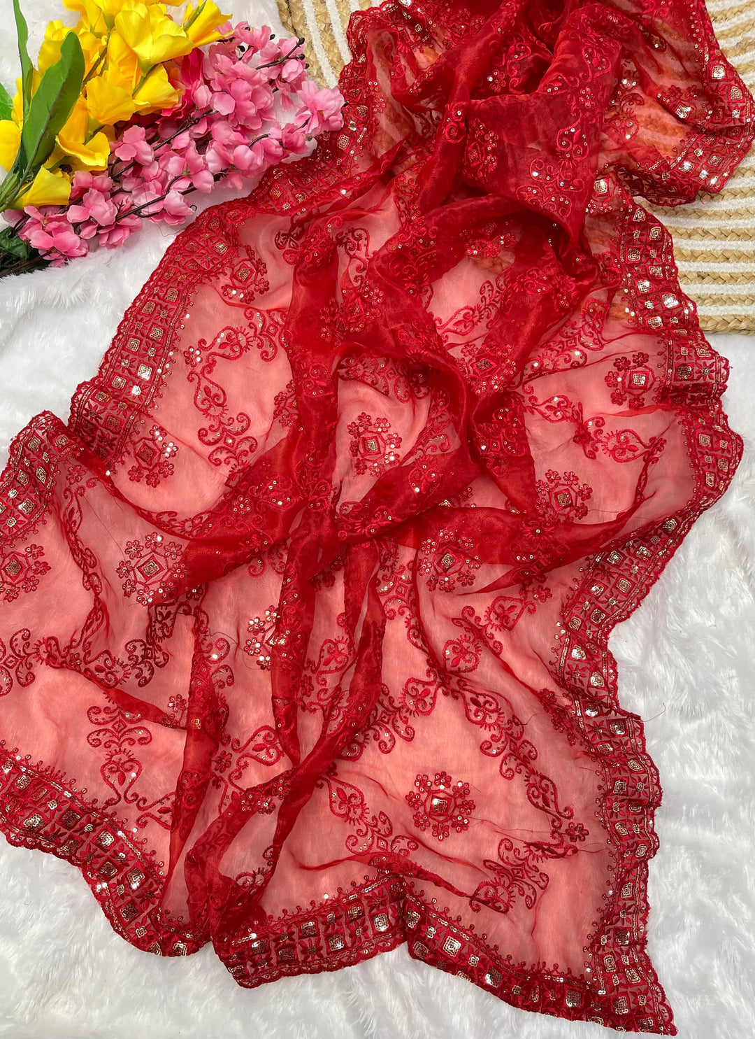 Red Bell Model Inspired Organza Saree