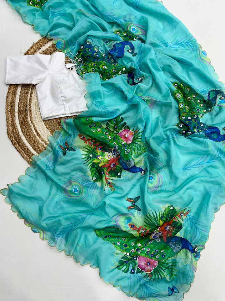 Peacock Print Organza Saree