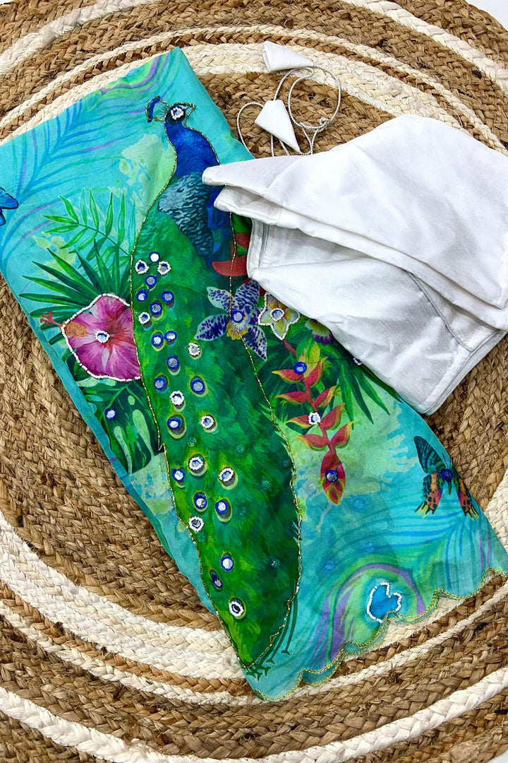 Peacock Print Organza Saree