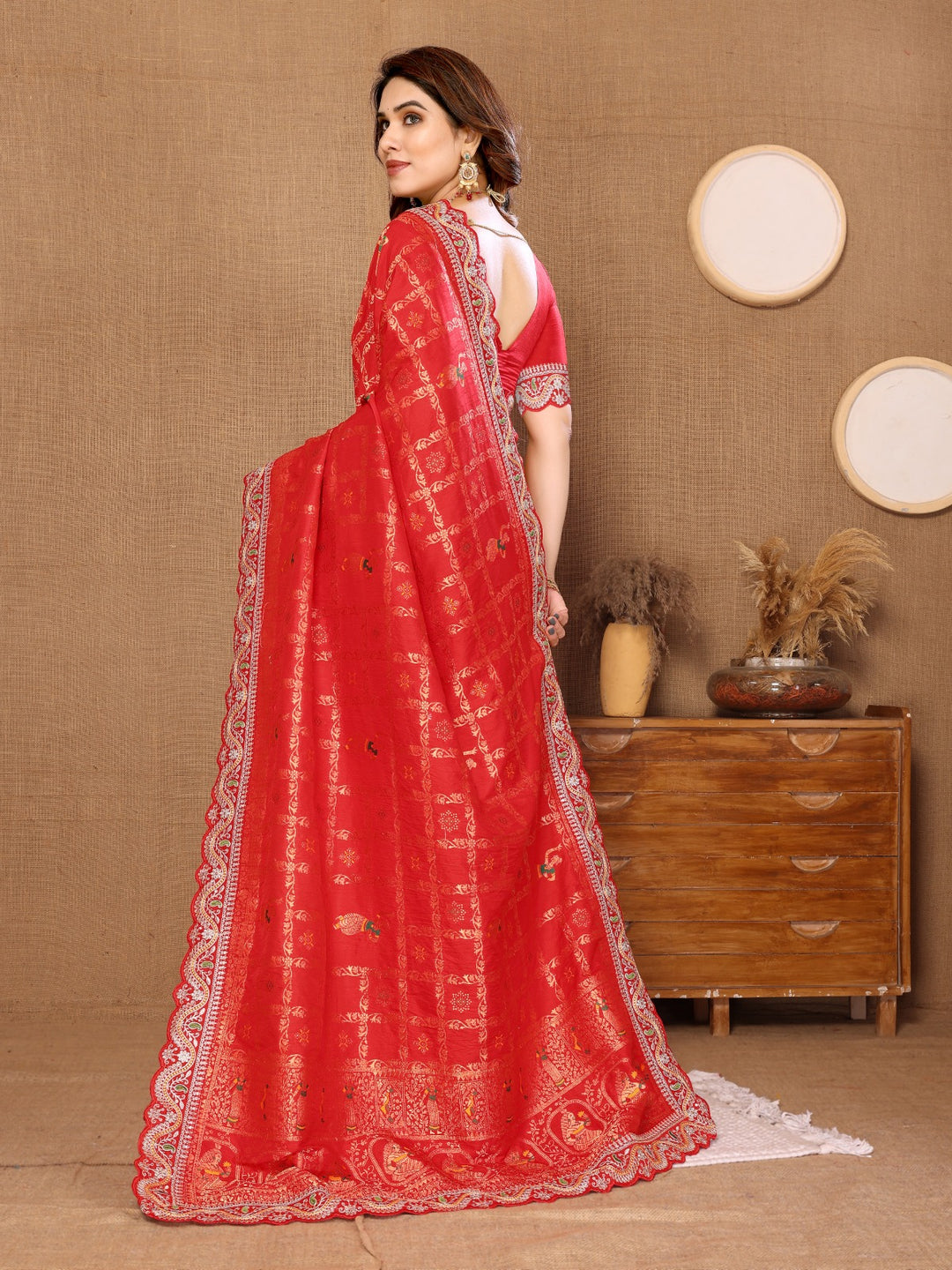 Lucky Red Dola Silk Banarasi Saree