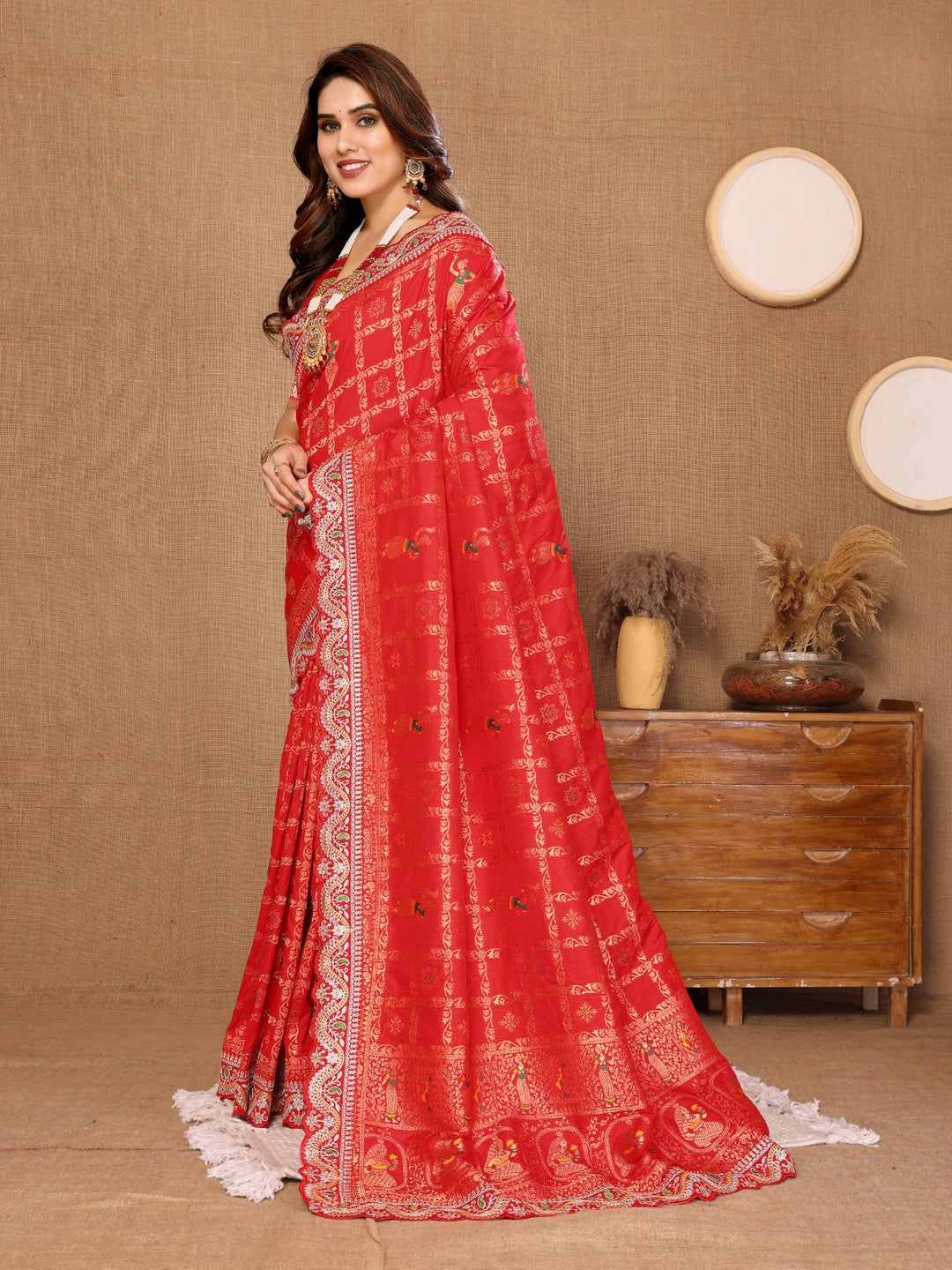 Lucky Red Dola Silk Banarasi Saree