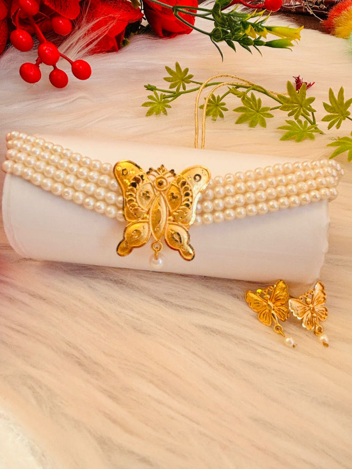 Butterfly- Gold Plated Pearl  Necklace Set