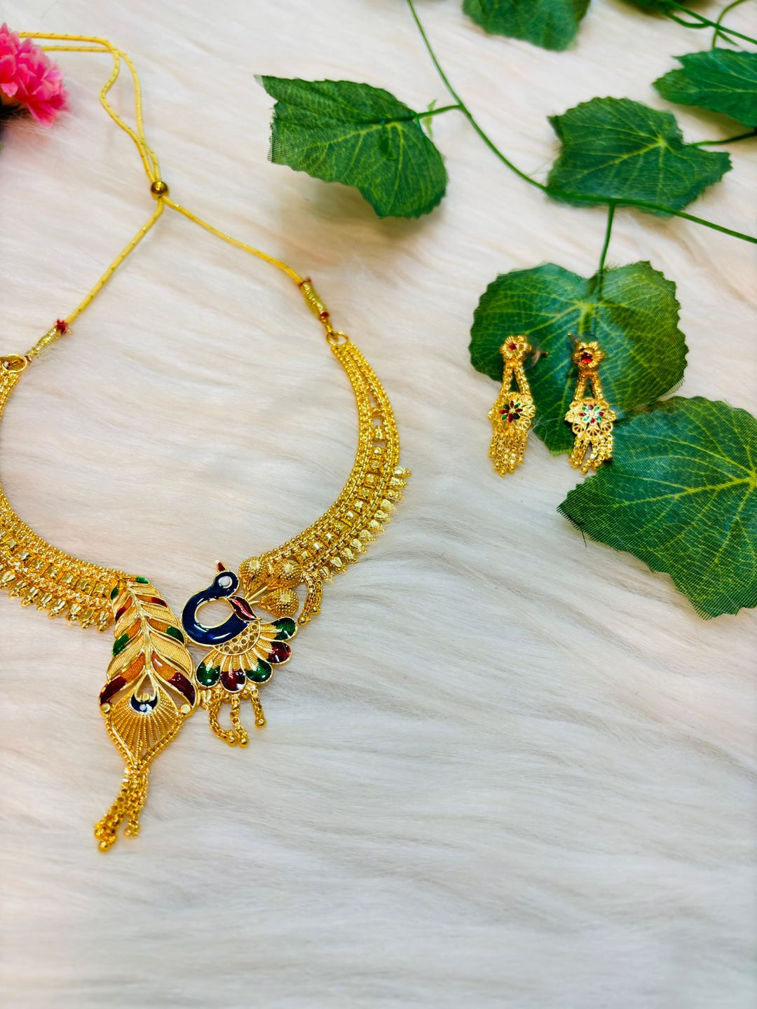 Tridiva Peacock Gold Plated Meenakari Necklace Set