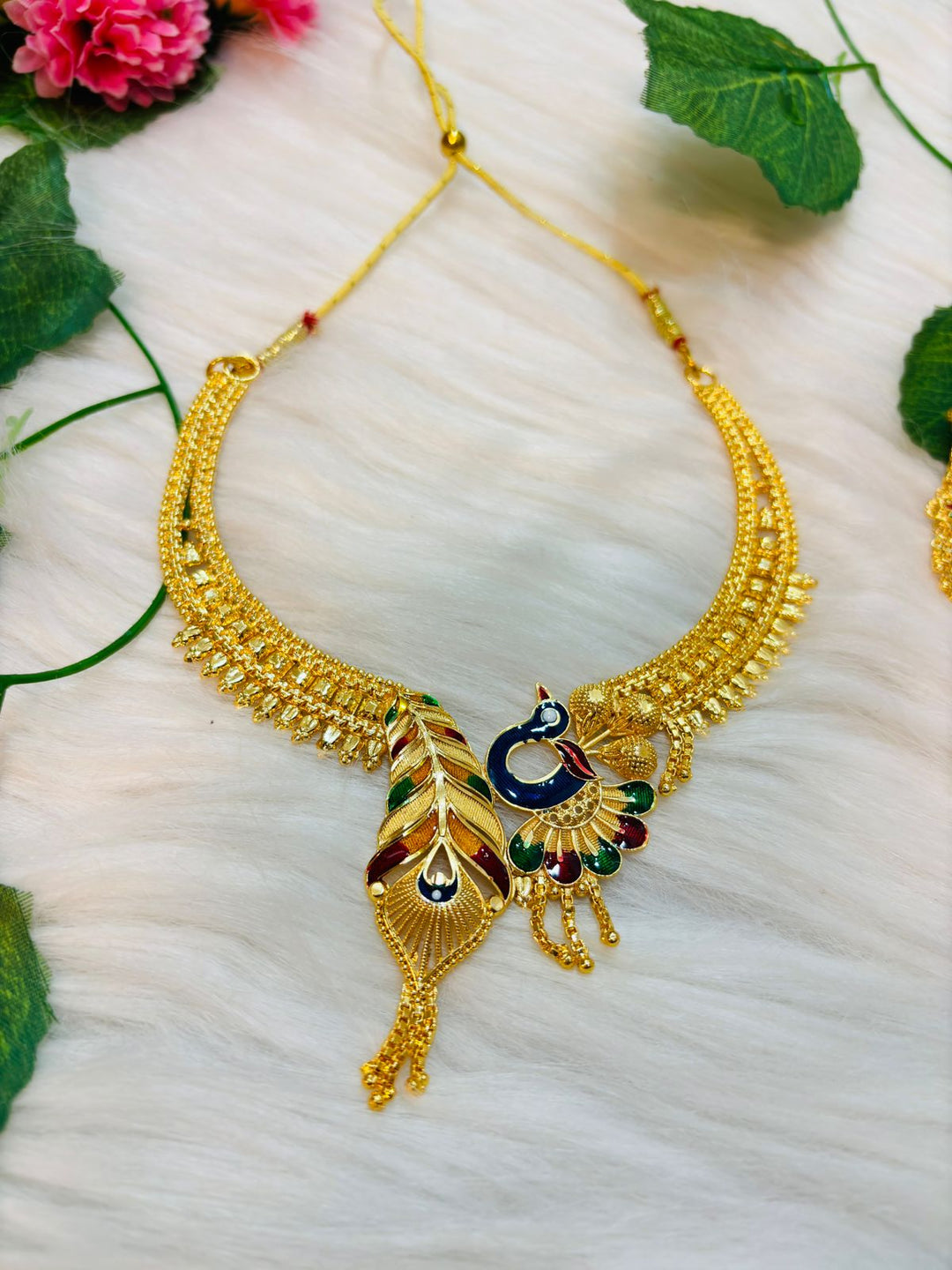 Tridiva Peacock Gold Plated Meenakari Necklace Set