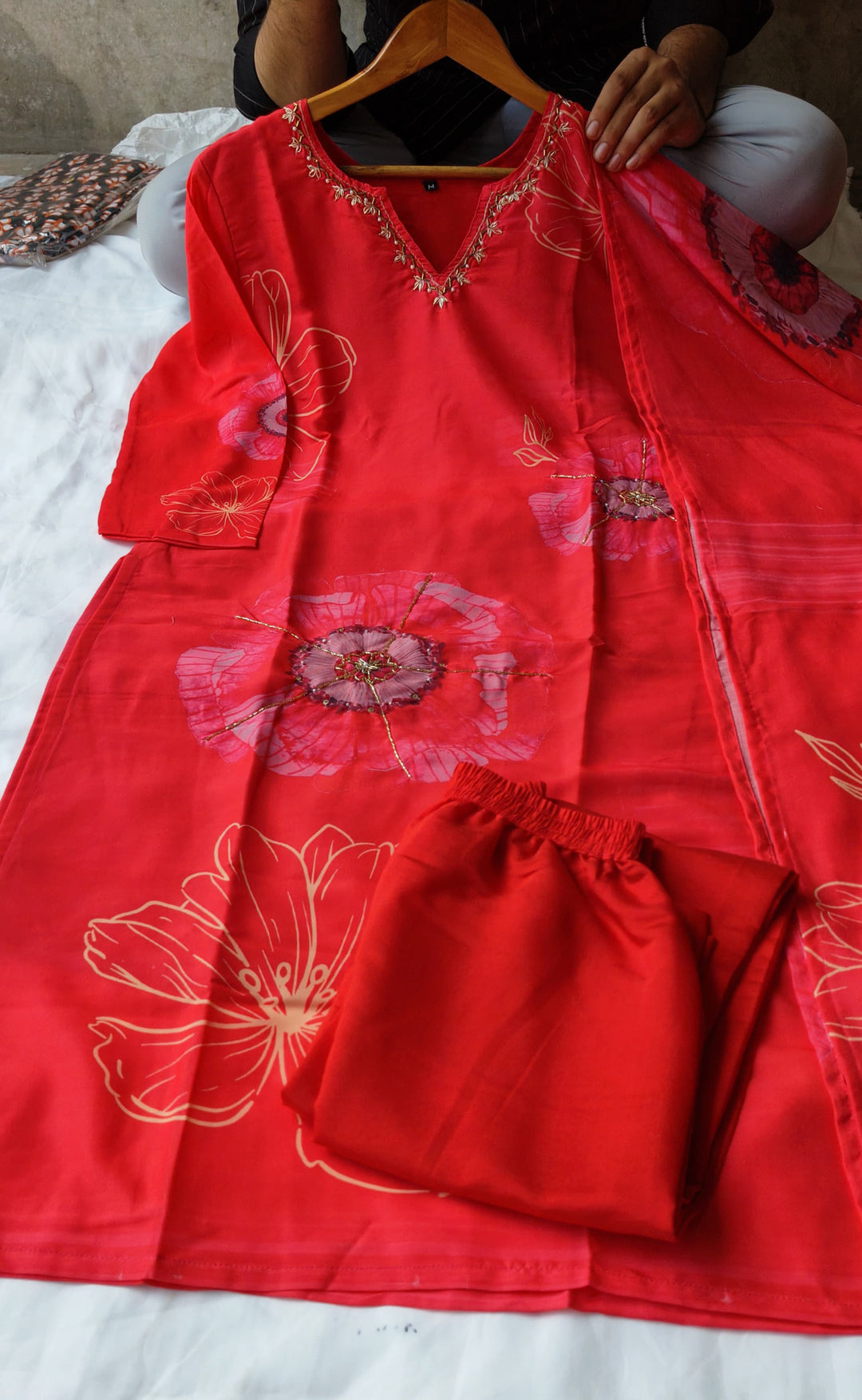 Red Bubbles Muslin Kurti Set