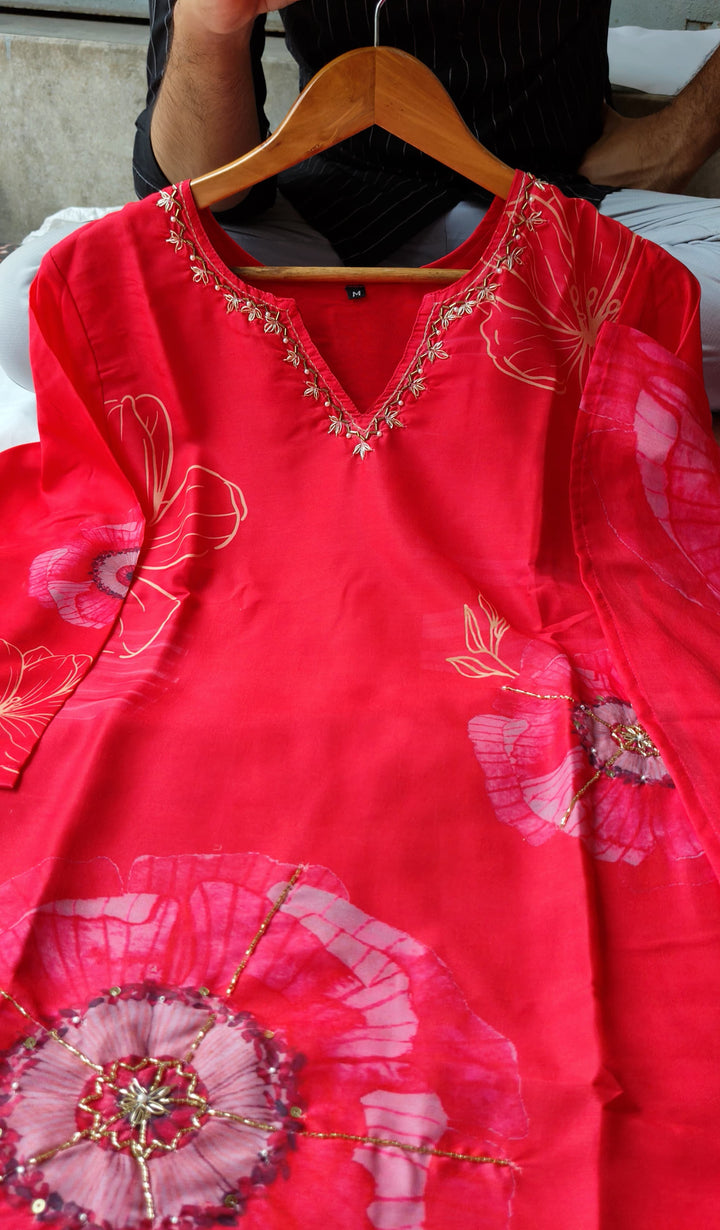 Red Bubbles Muslin Kurti Set