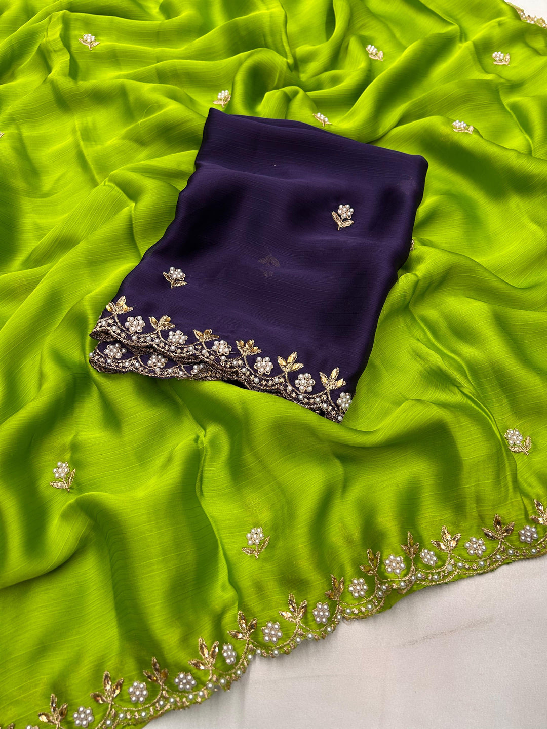 Luxurious Elegance Satin Crush Chiffon Green Saree