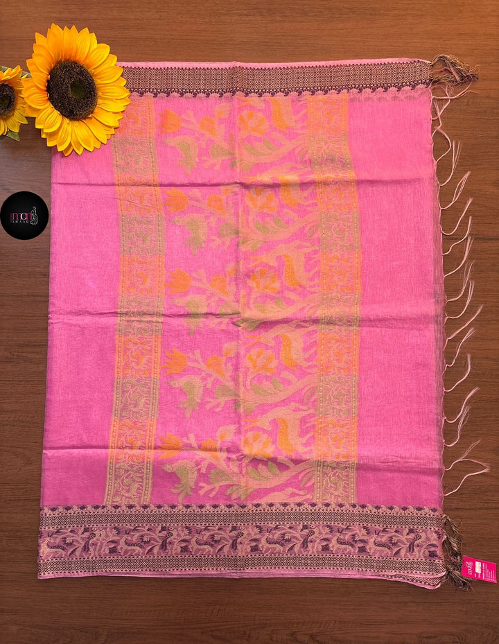 Everlasting Grace -Pure Handwoven Silk Linen Saree(Pink)