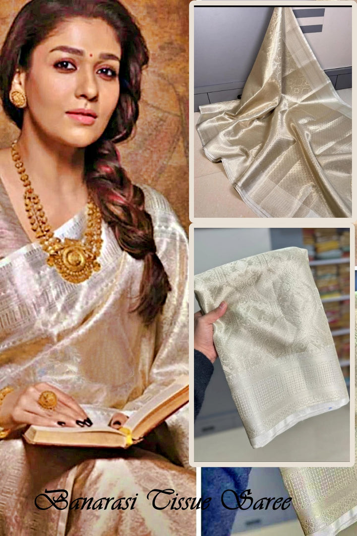 Nayantara Inspired White Banarasi Tissue Silk Saree