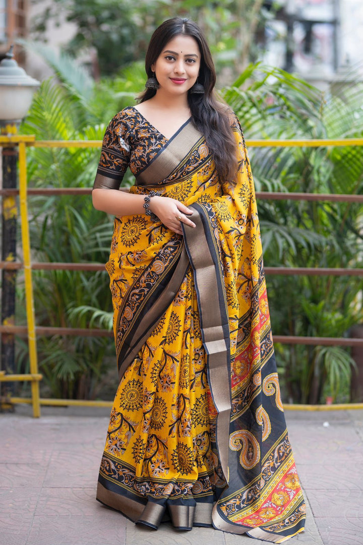 The Only Exception Cotton Crepe Yellow Saree