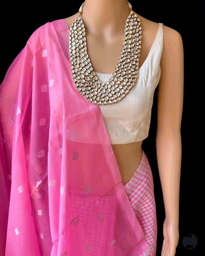 Nayantara Inspired Pink Banarasi Check Tissue Silk Saree