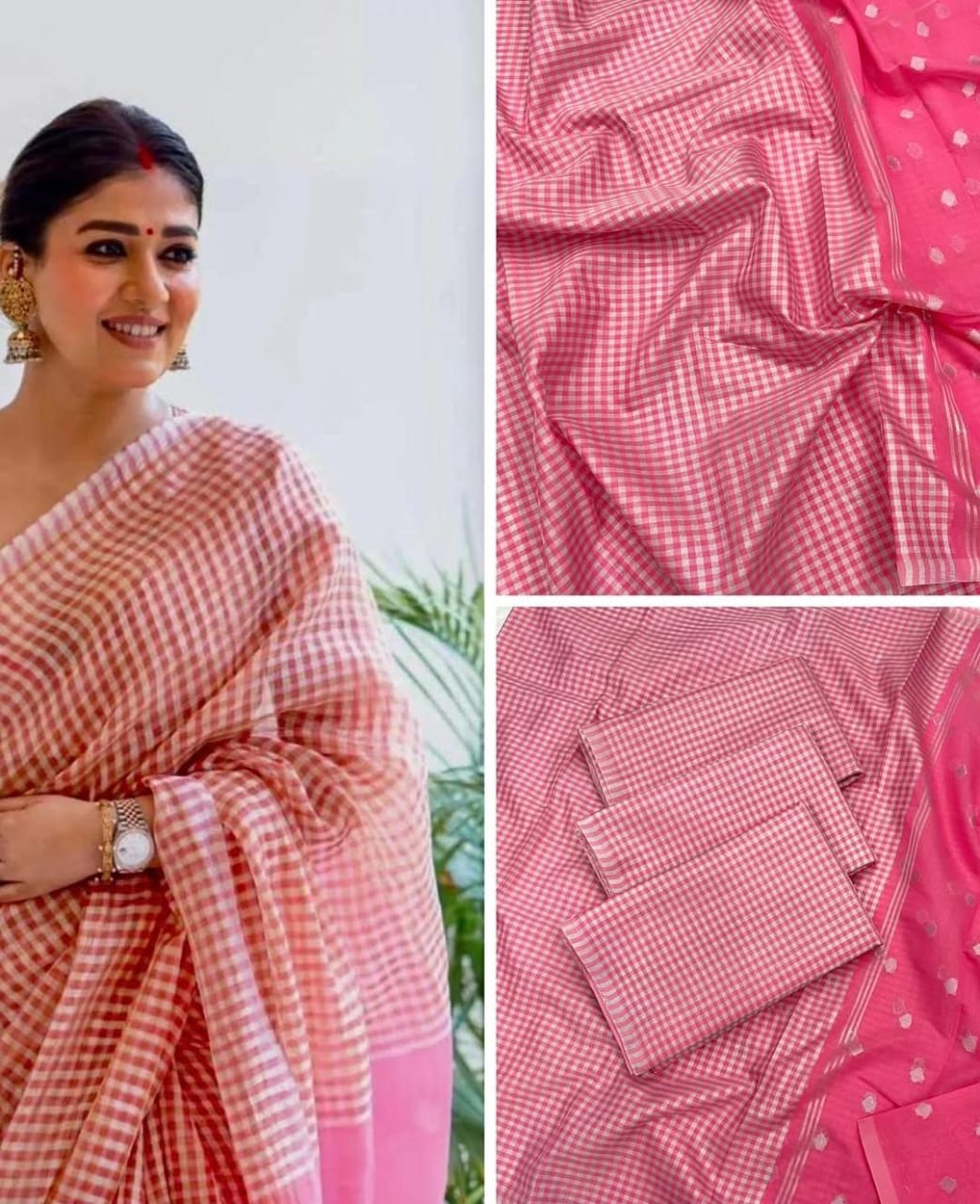 Nayantara Inspired Pink Banarasi Check Tissue Silk Saree