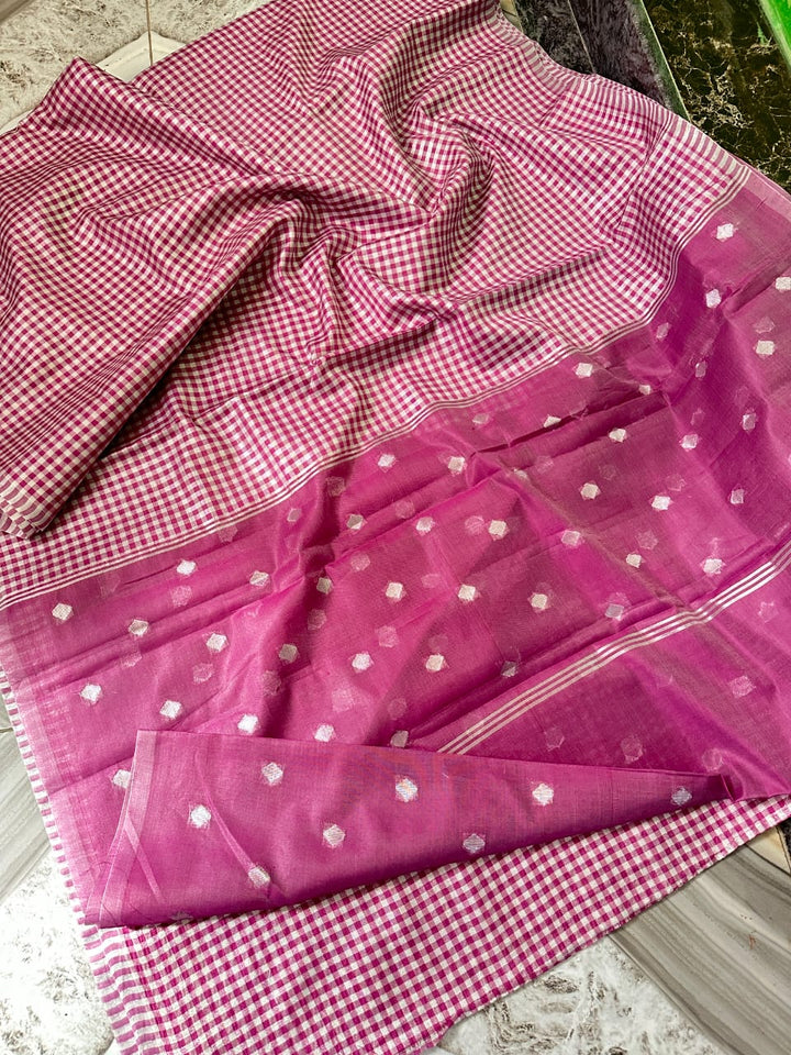 Nayantara Inspired Pink Banarasi Check Tissue Silk Saree