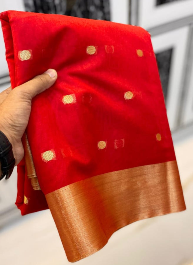 Nayantara Inspired Red Maheswari Banarasi Cotton Silk Saree