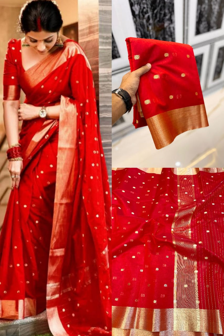 Nayantara Inspired Red Maheswari Banarasi Cotton Silk Saree